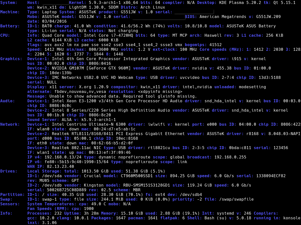 Image showing the inxi output for my laptop